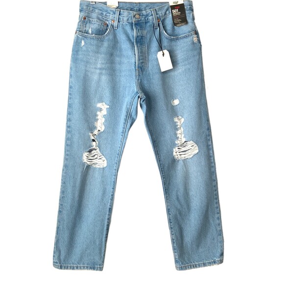 Levi’s Premium 501 Straight Leg Crop Button Fly Distressed Jeans Blue 31 - Picture 2 of 13